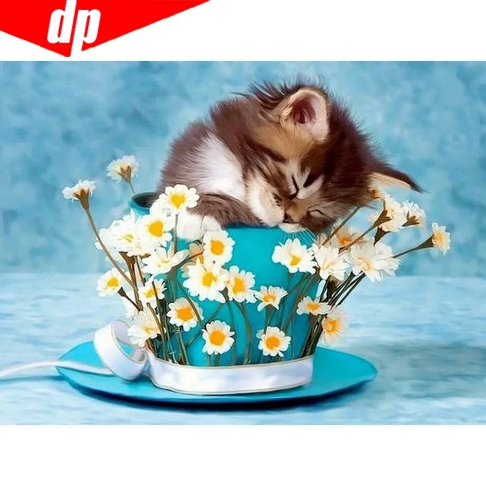 Картинки хорошего дня с котиками прикольные 5D DIY Diamond Painting Animal Diamond Embroidery Cup Flower And Cat Picture Of 