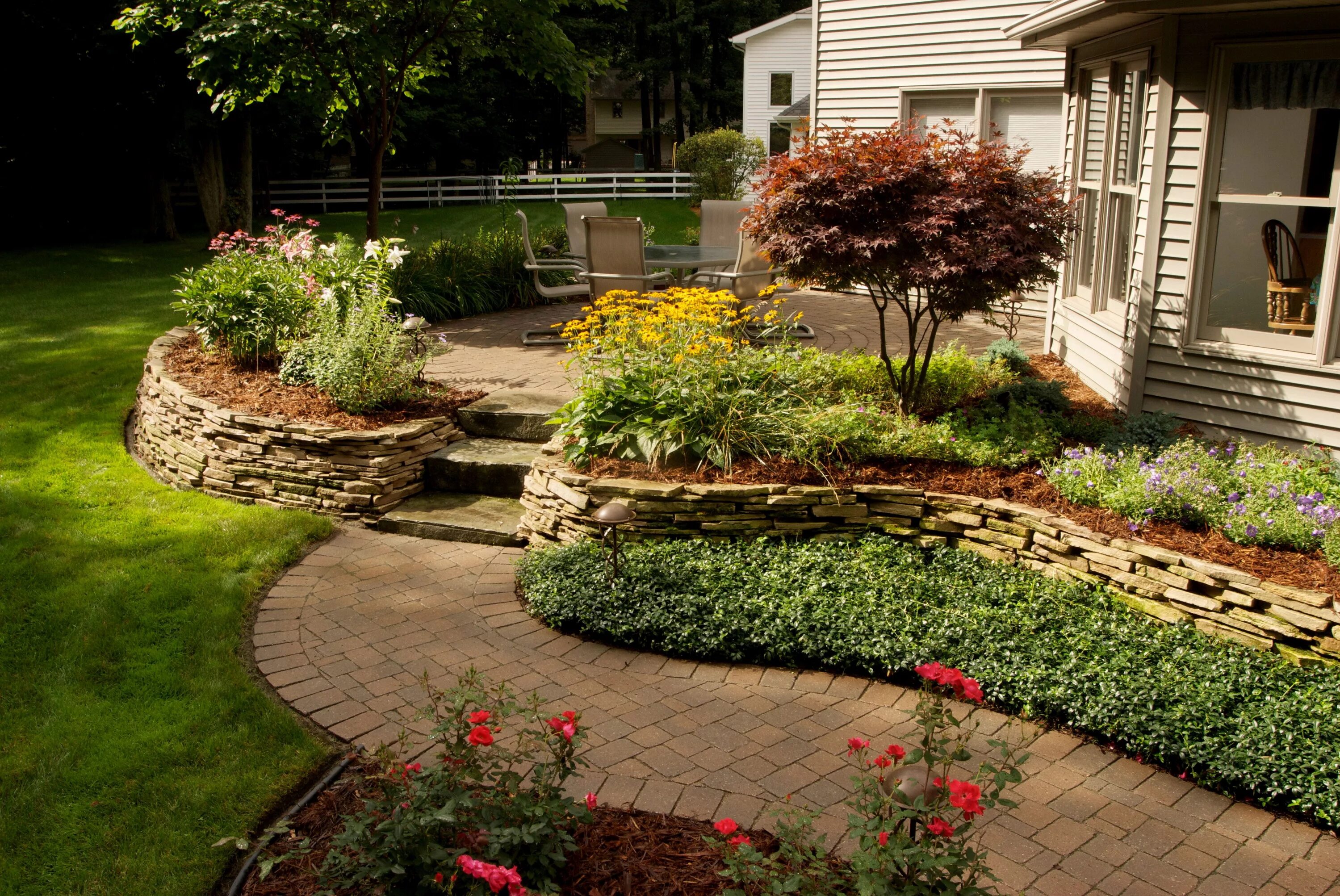 Картинки ландшафтный дизайн дачного Pine bark with a stone wall - photo courtesy of rederlandscaping.com Easy landsc