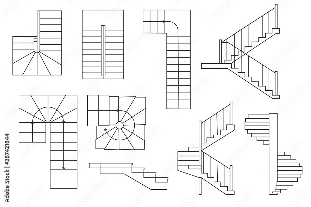 Картинки лестницы чертежи Drawing stairs, stairway. Top view and sectional view. Architectural set Векторн