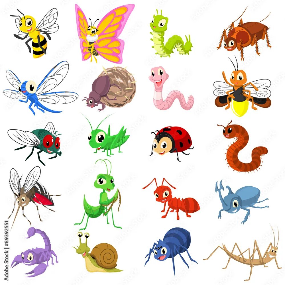 Картинки насекомые животные для детей Set of Insect Cartoon Character Flat Design Vector Illustration Векторный объект