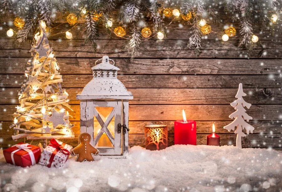 Картинки обои новый год Laeacco Christmas Wooden Board Snow Light Bokeh Baby Photography Background Cust