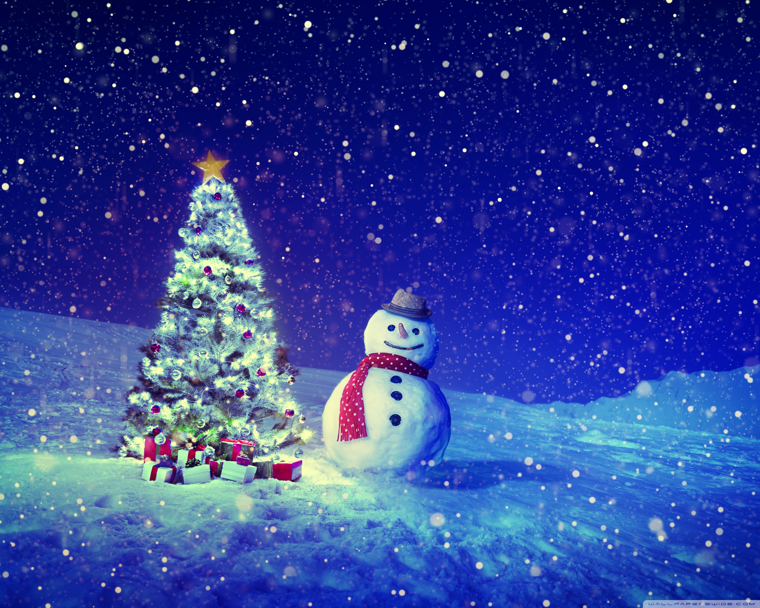 Картинки под новый год Christmas Tree, Snowman, Winter Landscape Ultra HD Desktop Background Wallpaper 