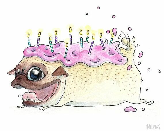 Картинки прикольные животные с днем рождения Pug Birthday Card - Cute Strawberry Frosted Pug Cake, Pug Loaf, Pug Card, Funny 