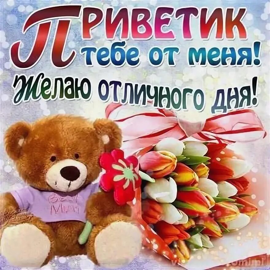 Картинки привет хорошего дня с надписью Открытка привет, приветик! Открытка привет с букетом тюльпанов и плюшевым мишкой