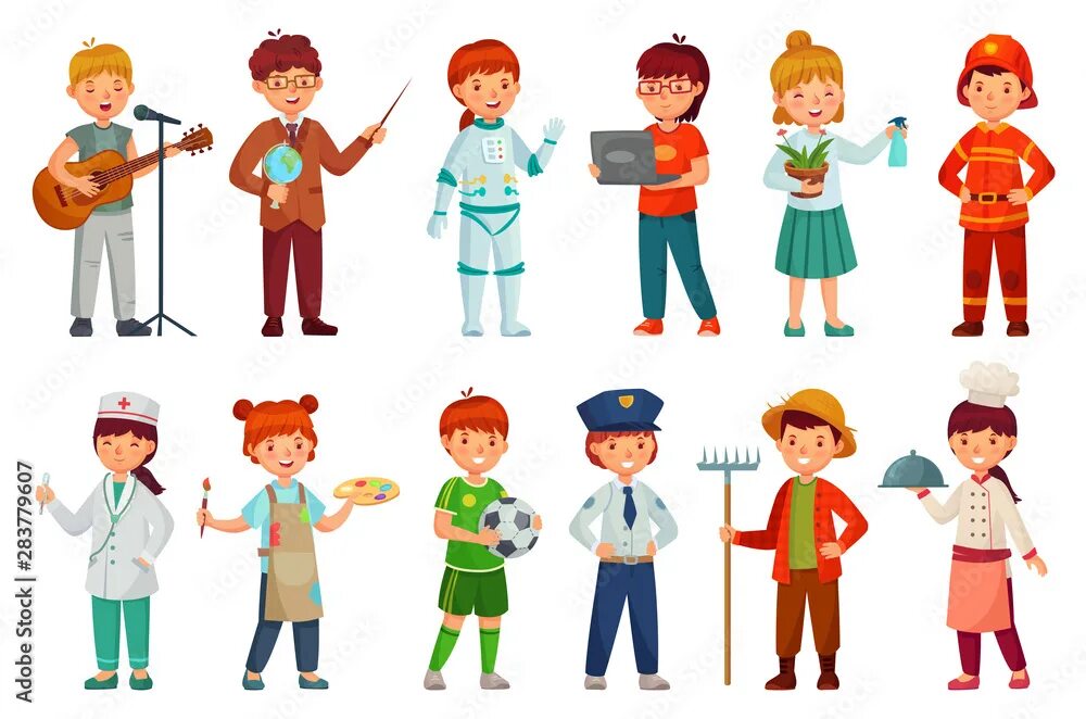 Картинки профессий работников детского сада Kids workers. Child professional uniform, policeman kid and baby job professions