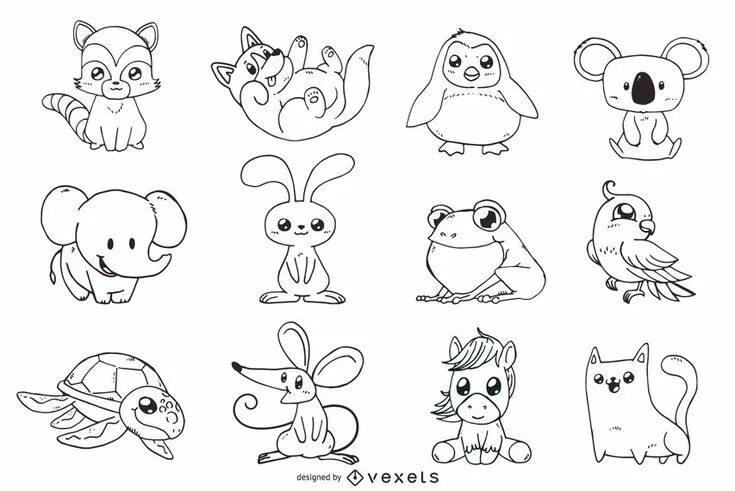 Картинки раскраски маленькие животные Adorable Animal Outline Illustrations Set