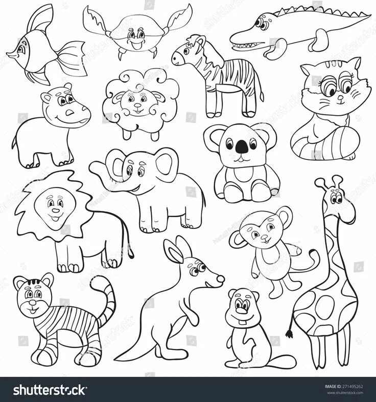 Картинки раскраски маленькие животные Vector illustration with cute animals - cartoon set - coloring book Cute animals