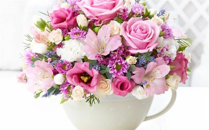 Картинки с днем рождения цветы и пожелания Download wallpapers bouquet of flowers, pink roses, roses, alstroemeria, eustoma
