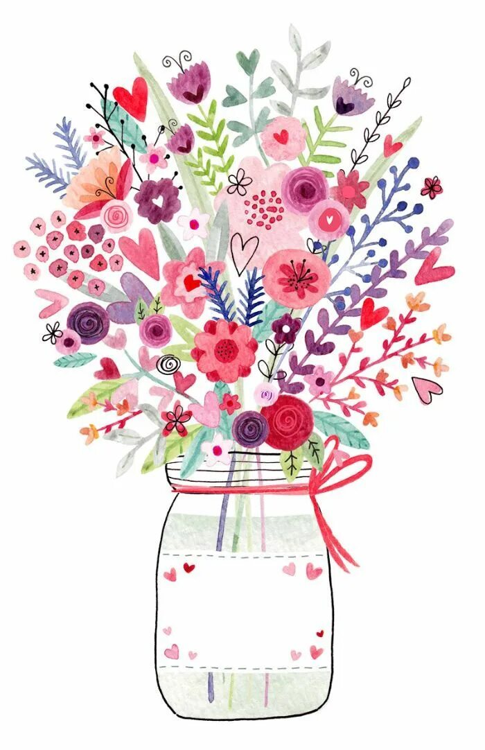 Картинки с днем рождения женщине нарисованные Image saint valentin avec des plantes colorés nature aquarelle coeurs dans pot e