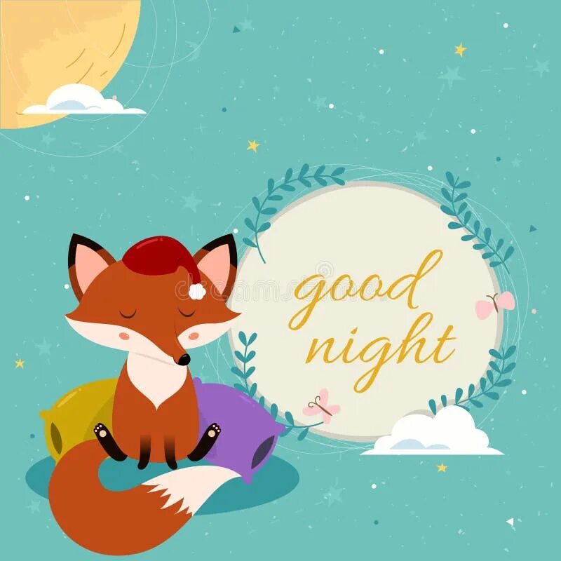 Картинки с лисой доброй ночи пожелания Good Night Card with Cute Cartoon Sleepy Fox on the Pillows. Stock Vector - Illu