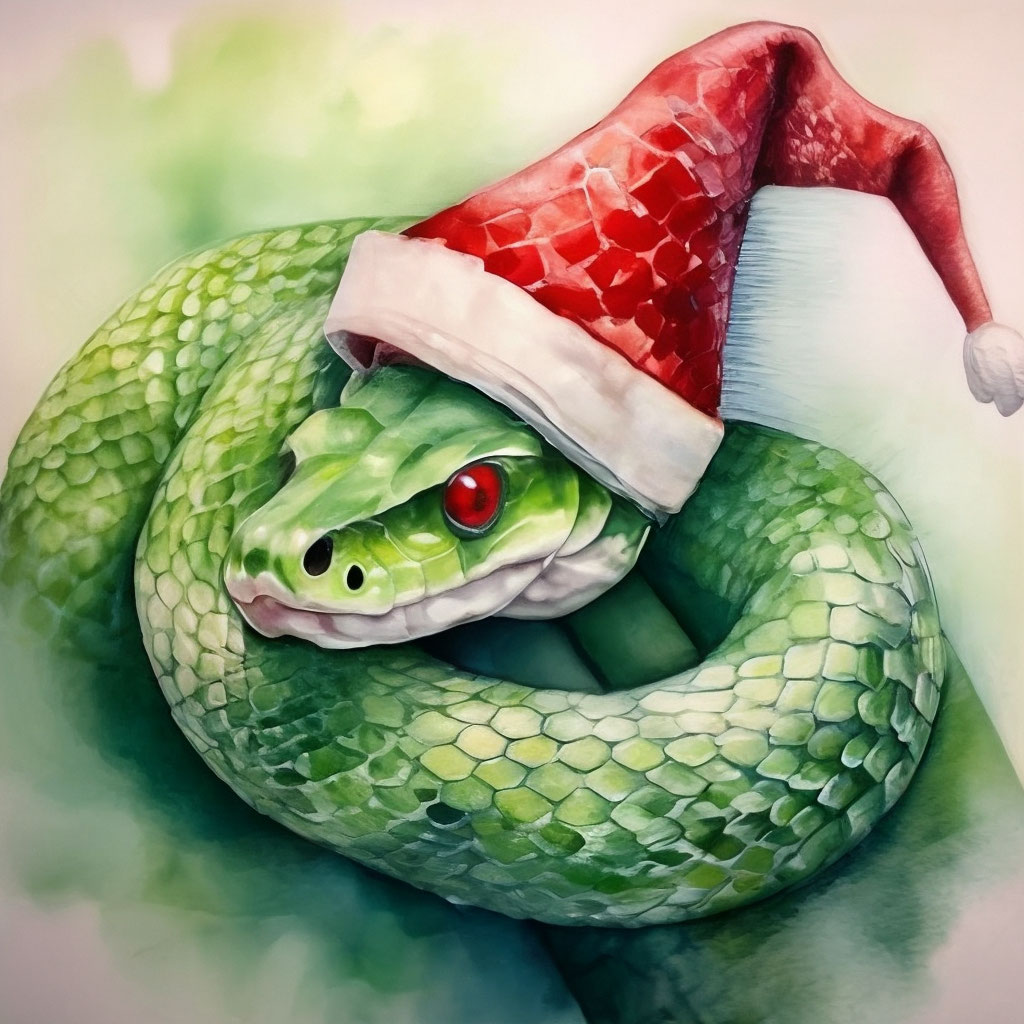 Картинки со змеей на новый год "Snake New Year's Eve, in a red Santa ." - image created in Shedevrum