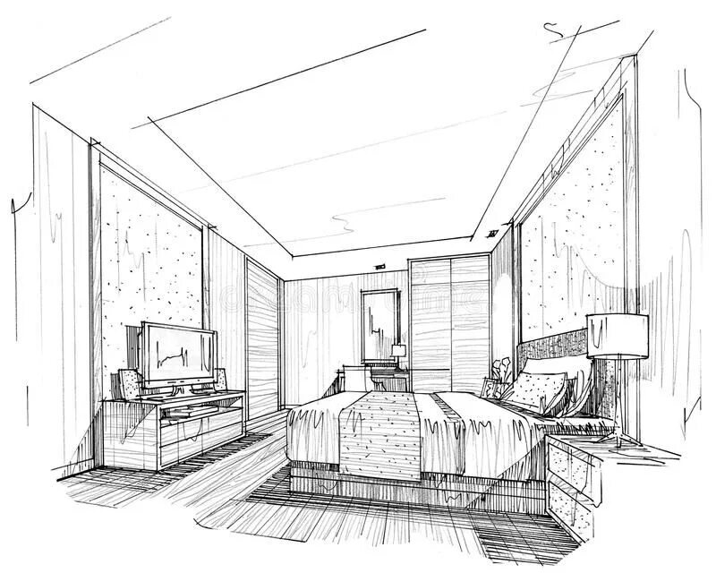 Картинки углового интерьера Download Sketch Interior Perspective Bedroom, Black And White Interior Design. S