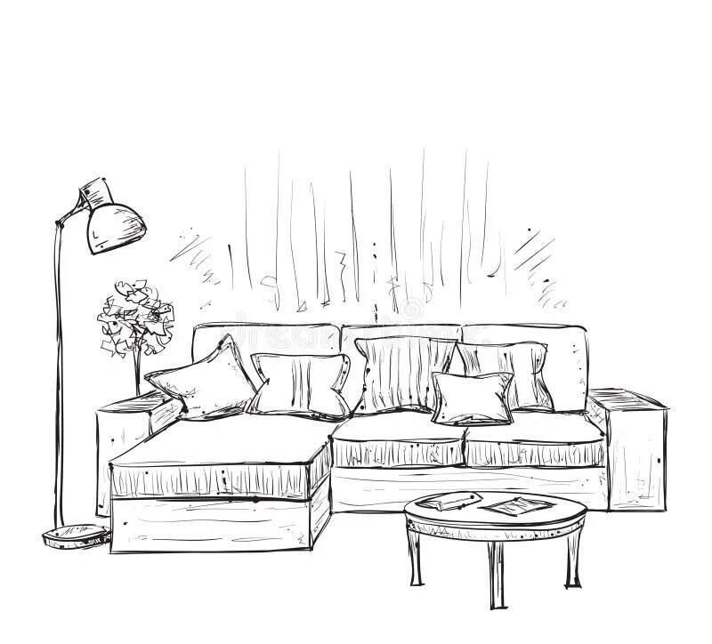 Картинки углового интерьера Room Interior Sketch. Hand Drawn Sofa. Stock Vector - Illustration of sketching,