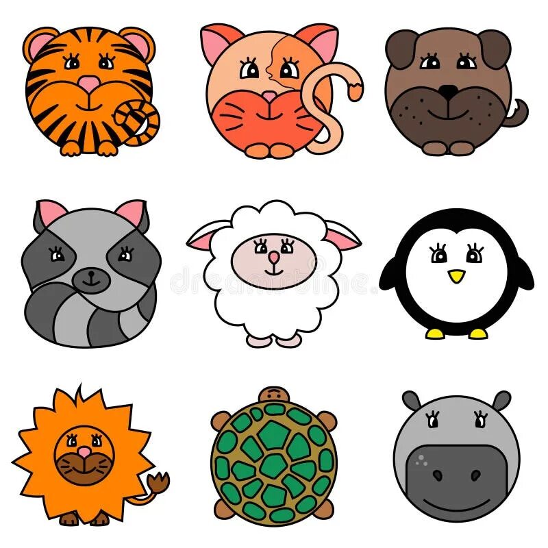 Картинки в виде животных Cute Cartoon Circle Animals Collection Stock Illustration - Illustration of behe