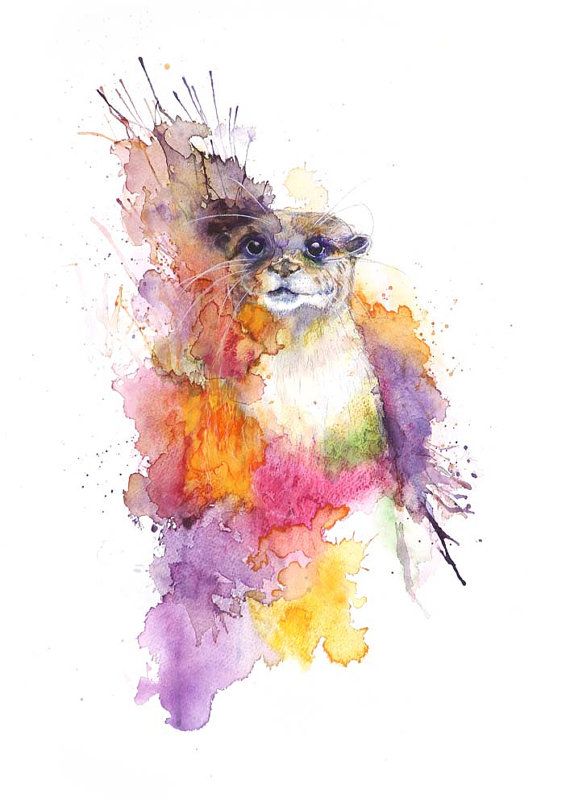 Картинки животных акварелью Otter Print Watercolour Print Splash Animal Painting Pink Wall Art Animal Art Pr