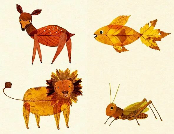 Картинки животных из листьев 80 IDEI DE COLAJE DIN FRUNZE USCATE: animale, insecte, oameni Kindergarten art p