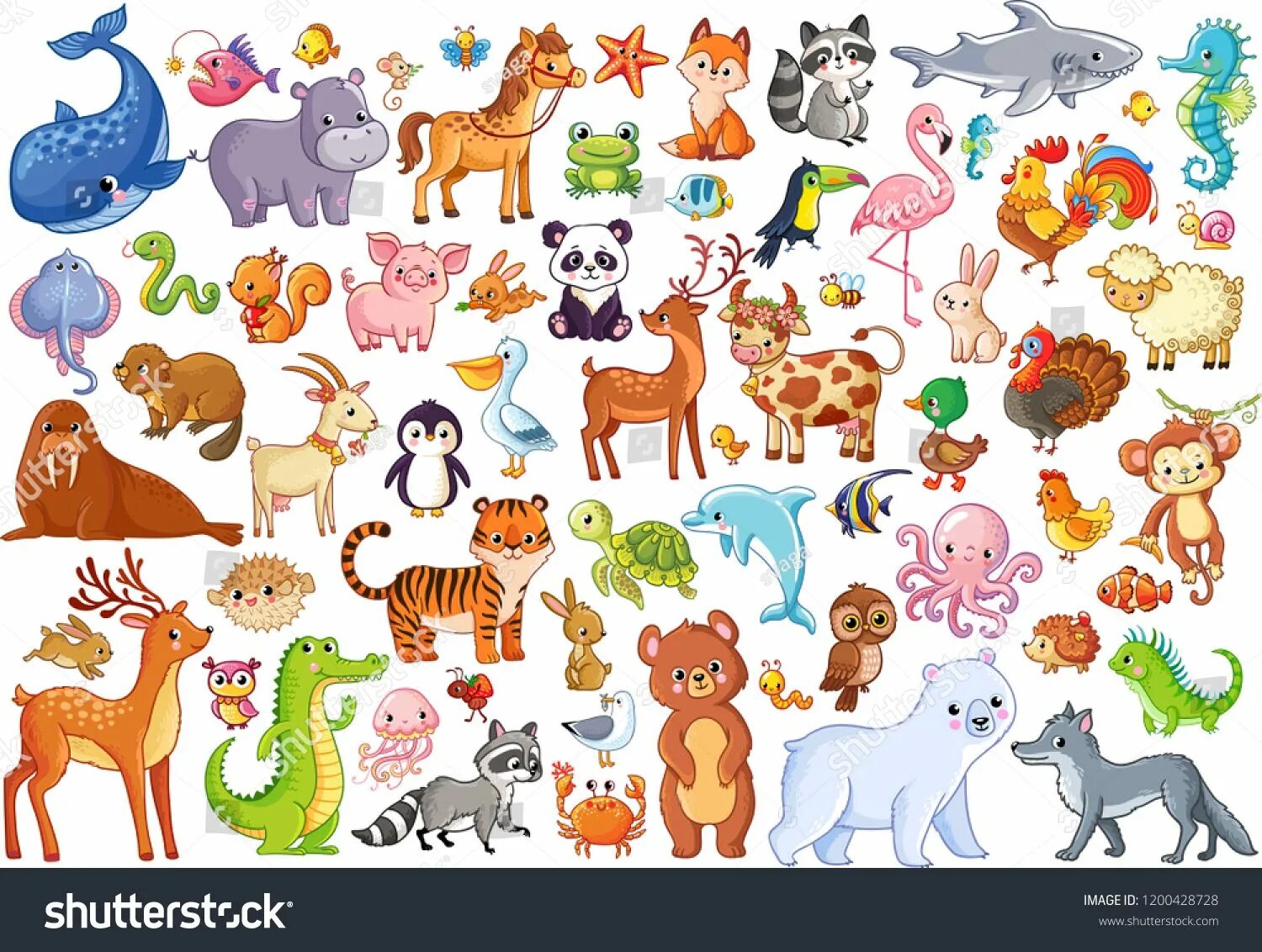 Картинки животных на одном листе Vector set of animals. Home favorites. Mammals. Marine life. Illustration in car