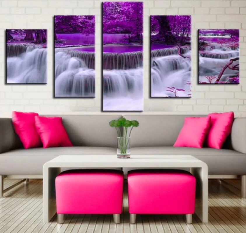 Картины для интерьера модульные на стену Купить No Framed Purple Waterfall Landscape 5 piece Wall Art Canvas Print Poster