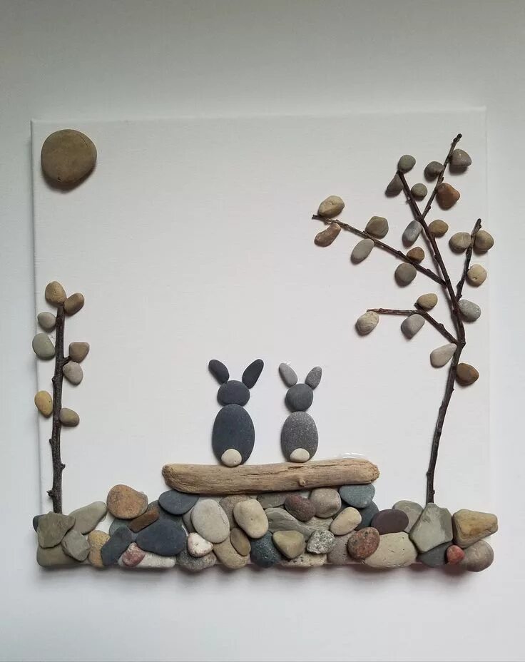 Картины из камней фото Hoppy Bunnies Pebble Art Rustic Decor - Etsy Stone pictures pebble art, Pebble a