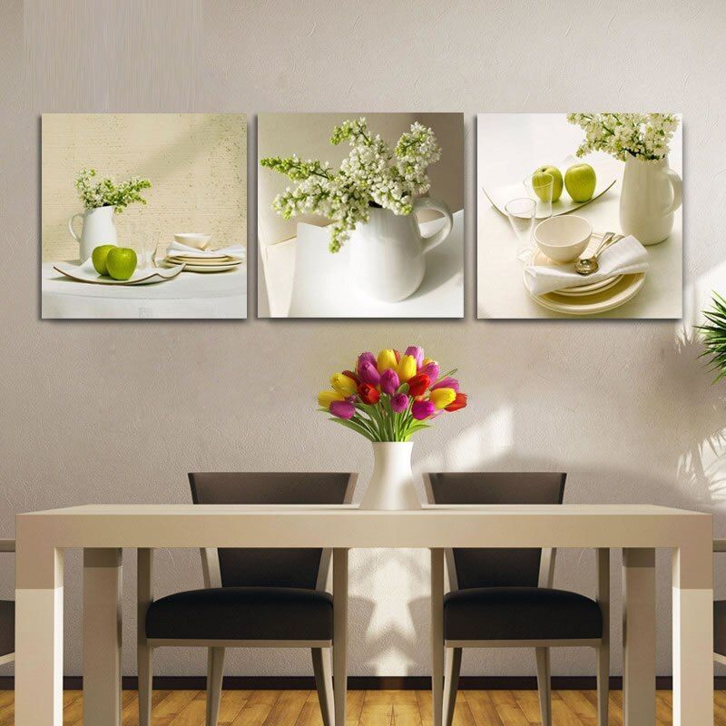 Картины на кухню на стену фото 3 Piece White Tableware And Flower Canvas Painting Dinning Kitchen Room Wall Dec