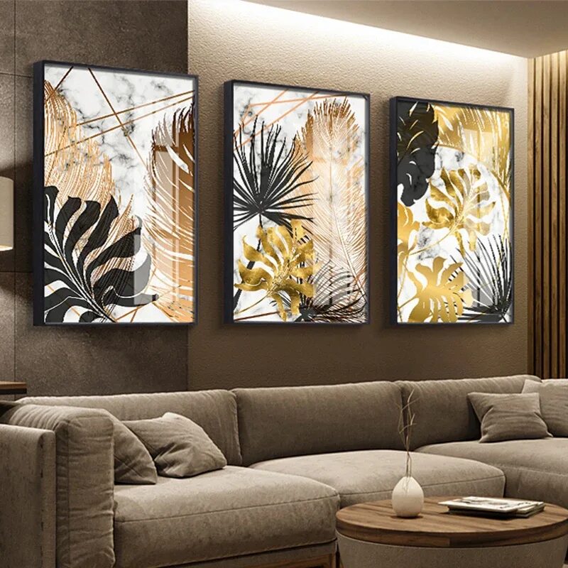 Картины на стене в интерьере гостиной Nordic Golden Leaf Wall Art Poster, принты растений, Картина на холсте, современ