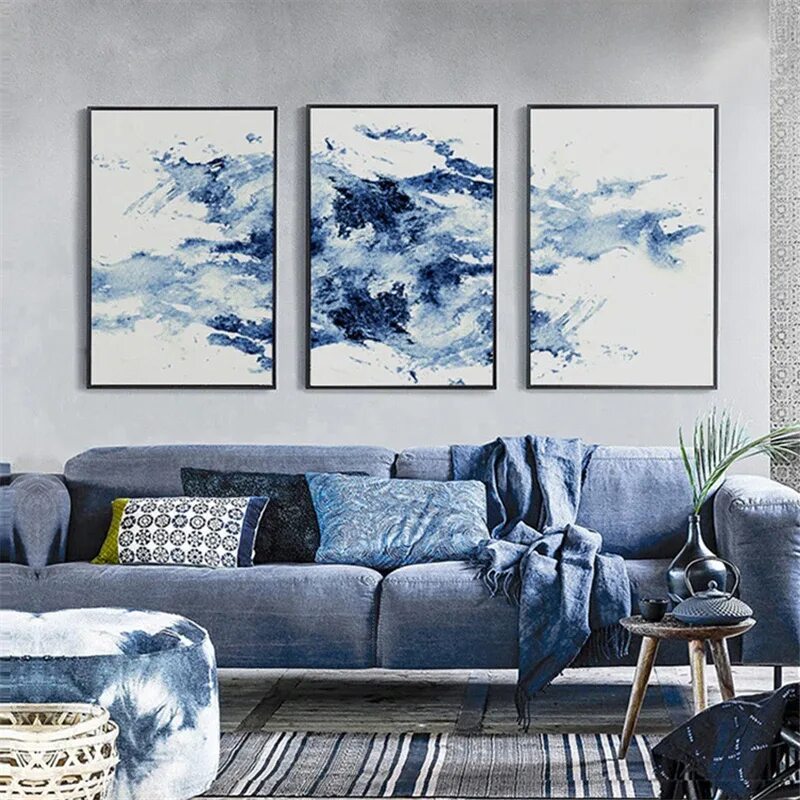 Картины на стене в интерьере гостиной Ink Painting Chinese Style Artistic Conception Beautiful Navy Blue black Nature 