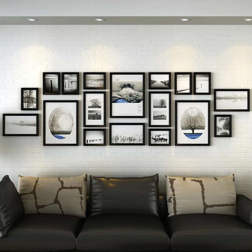 Картины на стене в интерьере как развесить Classical Wooden Black Frames Set For Sofa Wall Background Decor 18pcs Large Pho