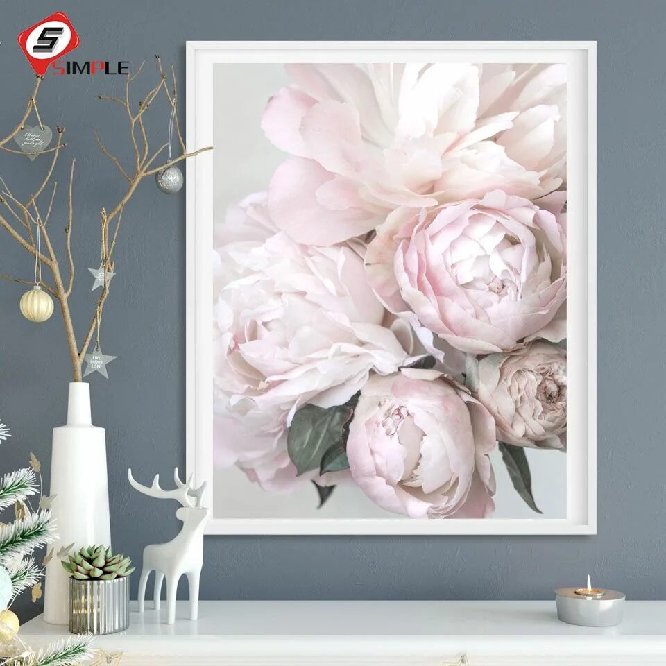 Картины пионы на стену для интерьера Nordic Flowers Posters Print Blush Modern Scandinavian Pictures Art Canvas Paint