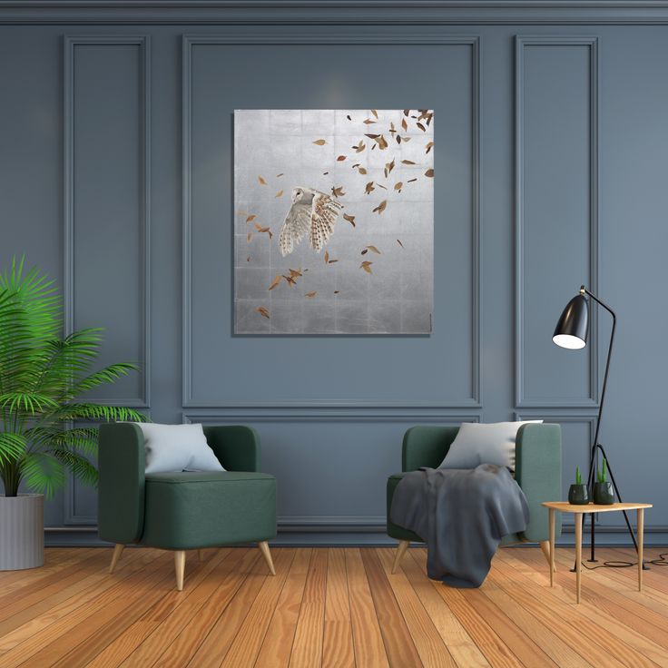 Картины в интерьере визуализация бесплатно Original silver leaf Barn Owl artwork by Joanna Charlotte in a grey panelled lou