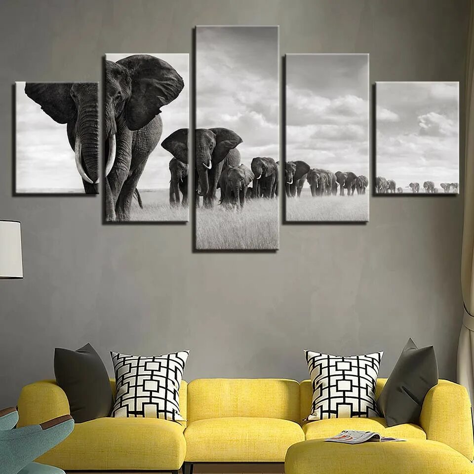 Картины в сером интерьере Hd Printing 5 Panel Canvas Art Elephant Painting Wall Picture For Living Room Mo