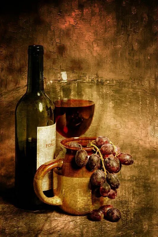 Картины вином фото Wine Glass Grapes And Jug In Portrait Format And An Oil Painting Art Print by Pa