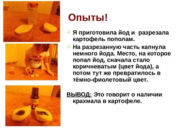 Картошка с йодом опыт фото Проект. "Ах, картошка, объеденье".