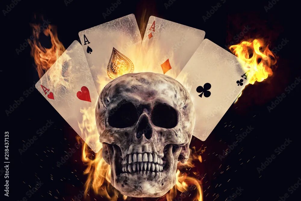 Карты черепа фото Skull and playing cards in fire on a black background. Photo manipulation artwor