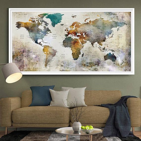 Карты в интерьере фото Large Watercolor World Map Print World Map Wall Art Detailed Etsy World map wall