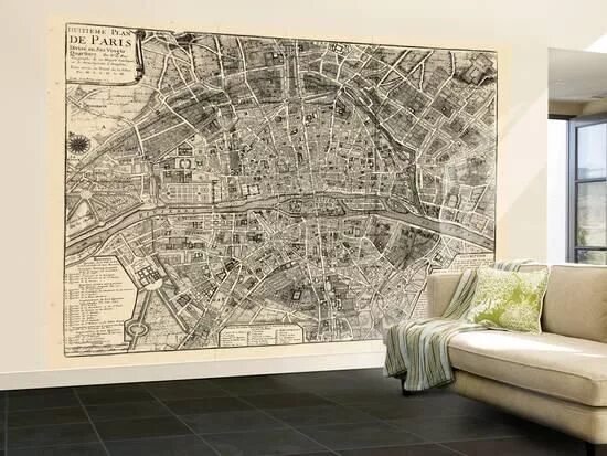 Карты в интерьере фото France, Paris, Vintage Map Wall Mural - Large at Art.com Map wall mural, Mural, 