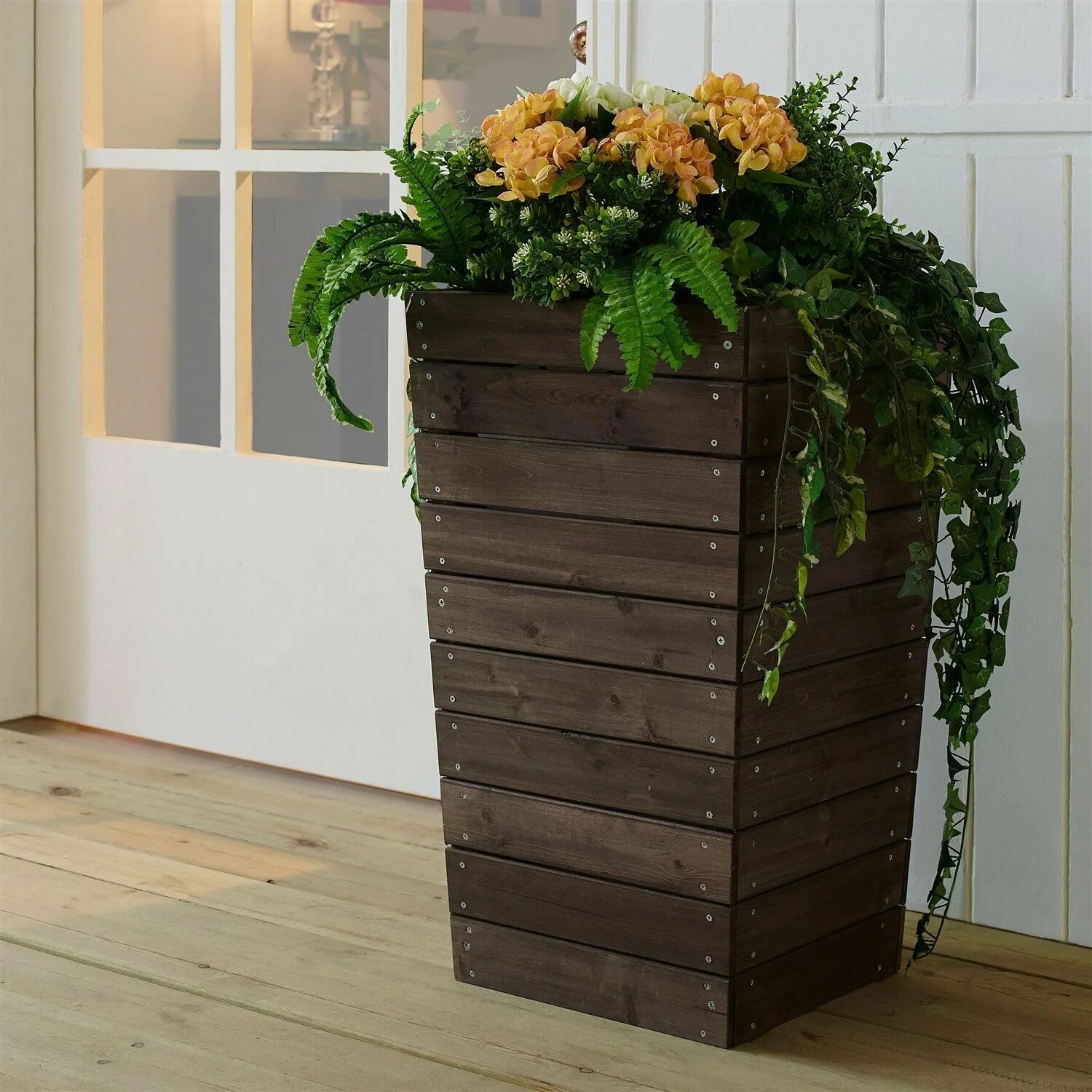 Кашпо для дачи фото Modern 16 x 16 in. Dark Brown Slatted Fir Wood Patio Planter - 27.5-inch High Pa