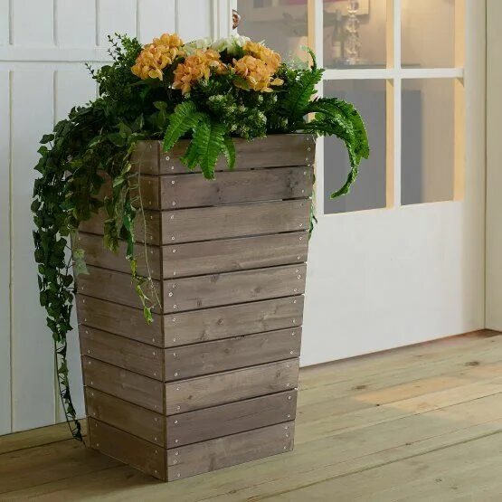 Кашпо для дачи своими руками Coral Coast Dark Brown Stained Slatted Base Outdoor Planter - 16 x 16 x 27.5 in.