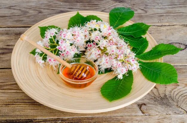 Каштановый мед фото Premium Photo Delicious chestnut honey in glass on wooden surface.
