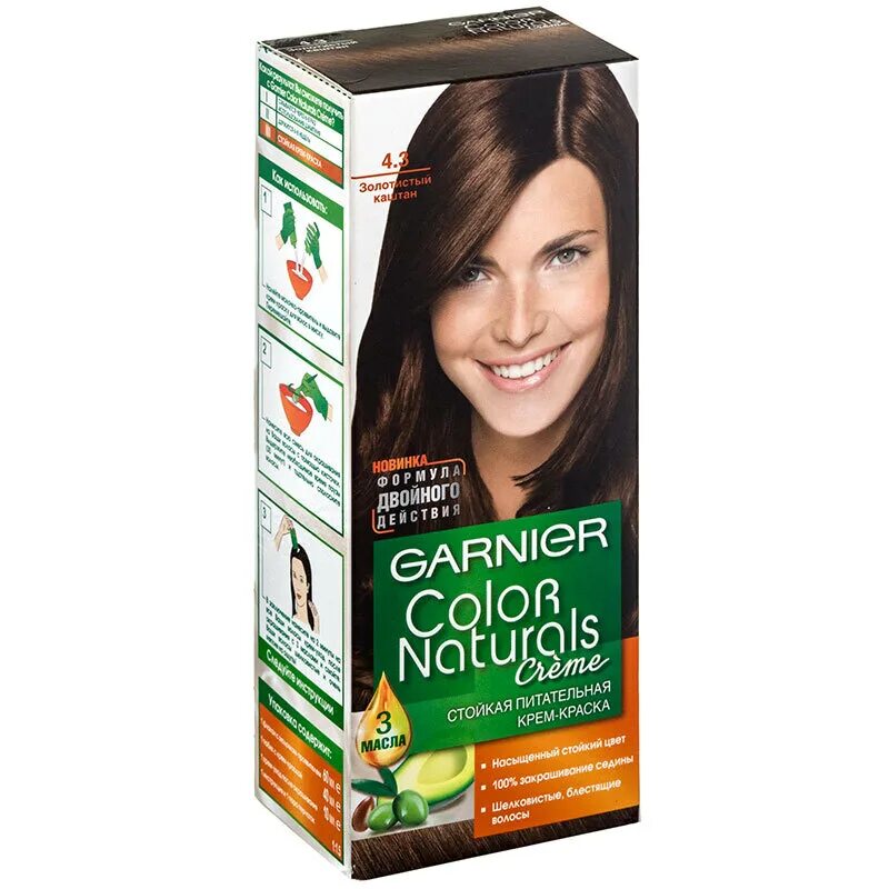 Каштановый цвет фото краска Garnier Краска для волос Color Naturals, тон № 4.3, Золотистый каштан, 60/60 мл 