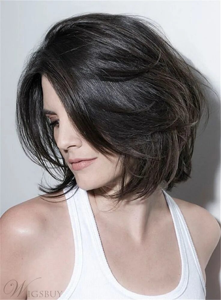 Каскад на каре волосы фото Smooth Carefree Layered Natural Short Tilted Bob Synthetic Hair Lace Front Women