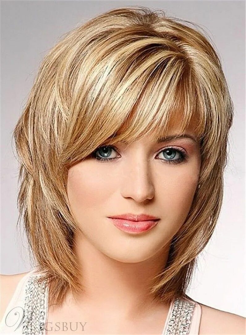 Каскад на среднюю длину с челкой фото Charming Fluffy Layered Medium Straight Wig Synthetic Hair Capless 12 Inches Med