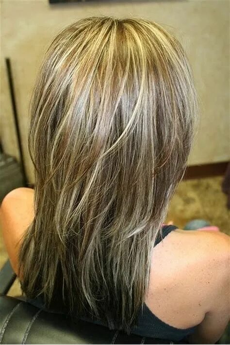 Каскад с мелированием на средние волосы фото Image result for Blending Gray Hair with Highlights Hair styles, Long hair style