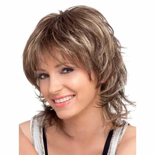 Каскад стрижка на короткие волосы с челкой Shoulder Length Wavy Wig Ideal Capless Wavy Brown Synthetic Medium Length Layere