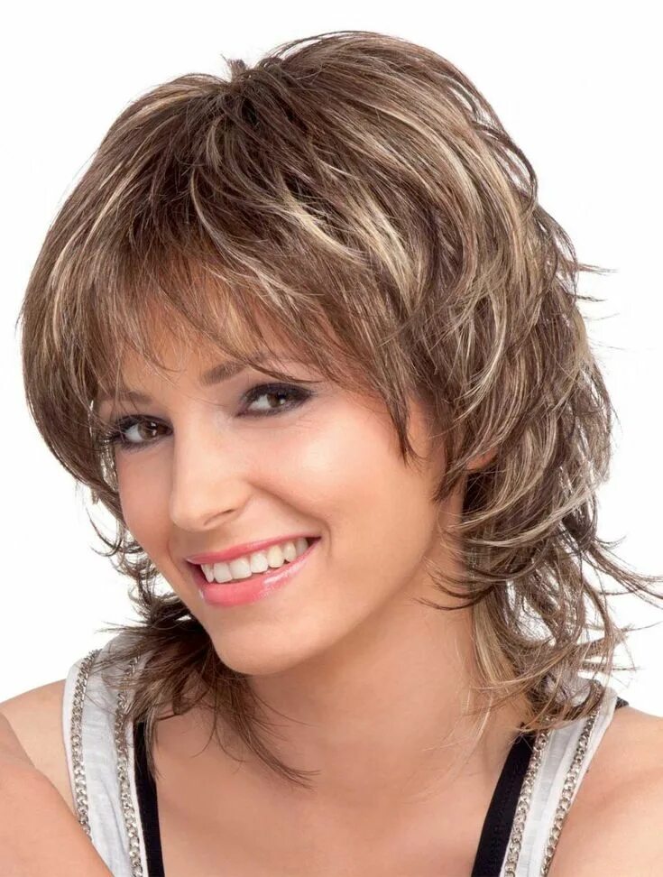 Каскадная стрижка на короткие волосы с челкой Brown Wavy Shoulder Length Synthetic Wigs Hairstyles for thin hair, Medium hair 