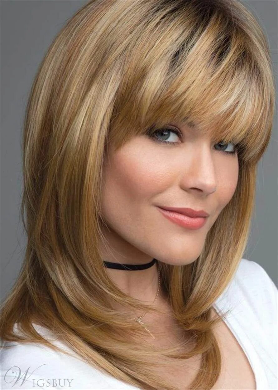 Каскадная стрижка средней длины с челкой Layered Shag Hairstyle With Bangs Medium Synthetic Capless Wigs: M.Wigsbuy.com H