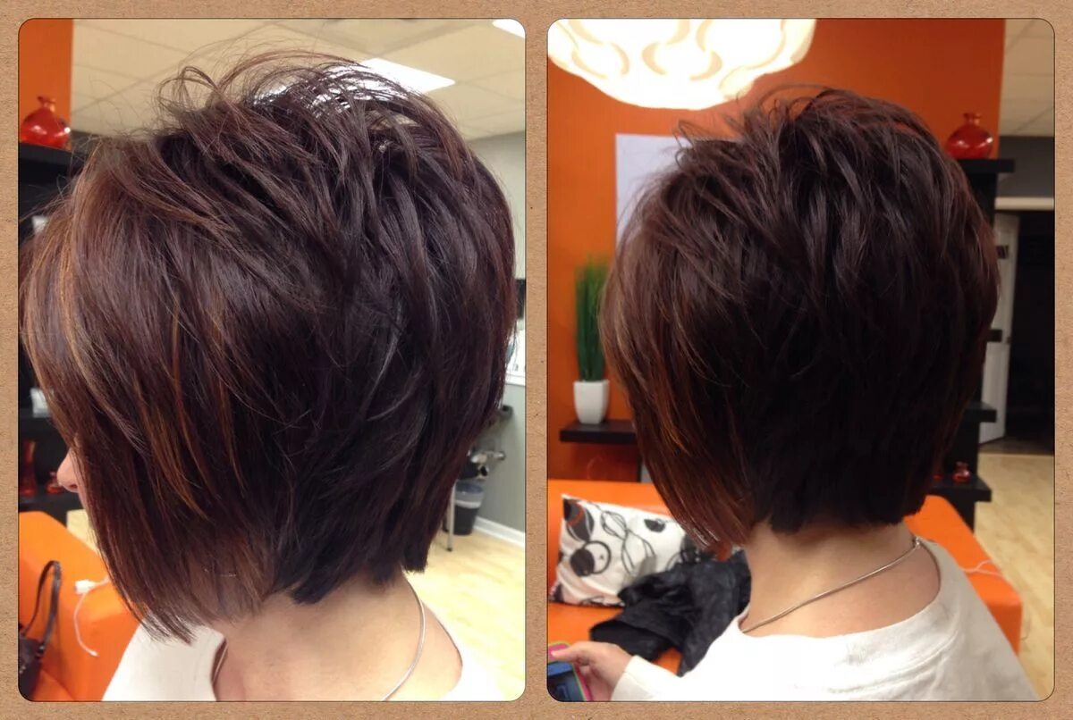 Каскадное каре фото спереди и сзади Layered Bob &#x2F; Dark Reddish Brown with Copper Highlights &#x2F; hair by René