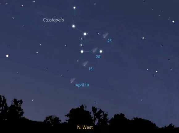 Кассиопея на небе фото The comet marches along through Cassiopeia the Queen in April. The map shows the