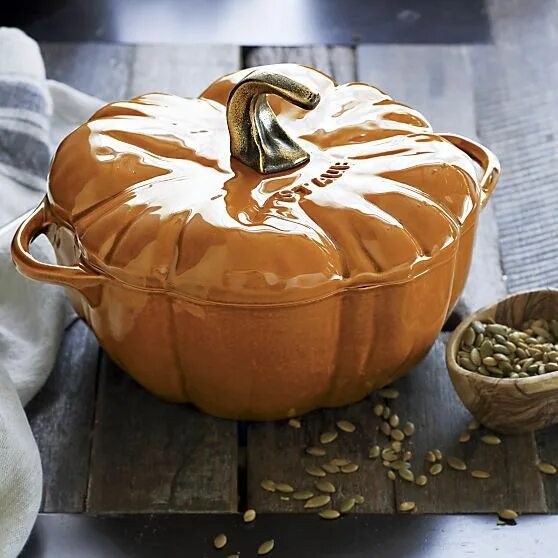 Кастрюли в виде тыквы фото Staub ® 3.5 qt. Pumpkin Covered Casserole in New Dining & Entertaining Crate and