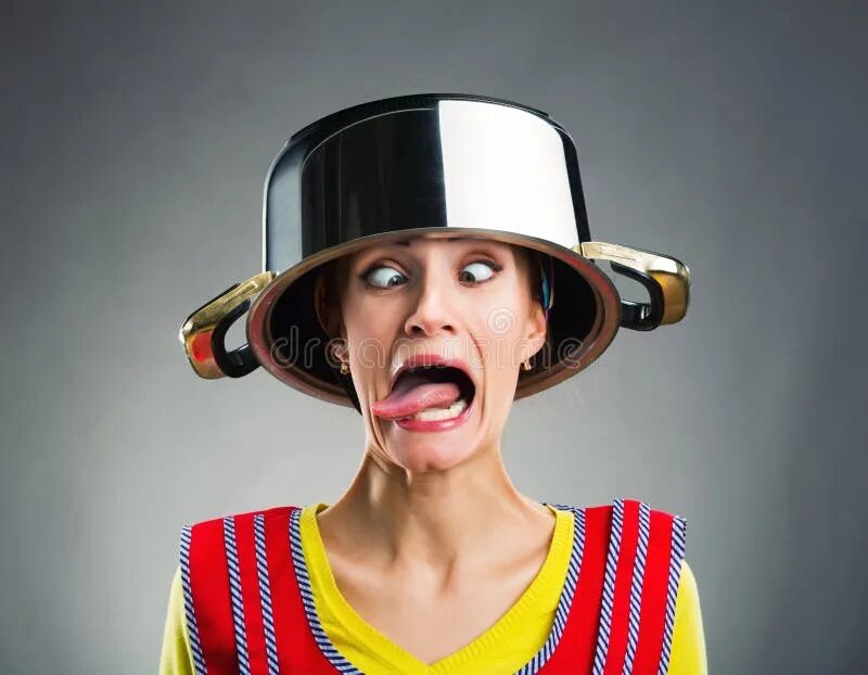 Кастрюля на голове фото Crazy Housewife with Sause Pan on Her Head Stock Photo - Image of background, cr