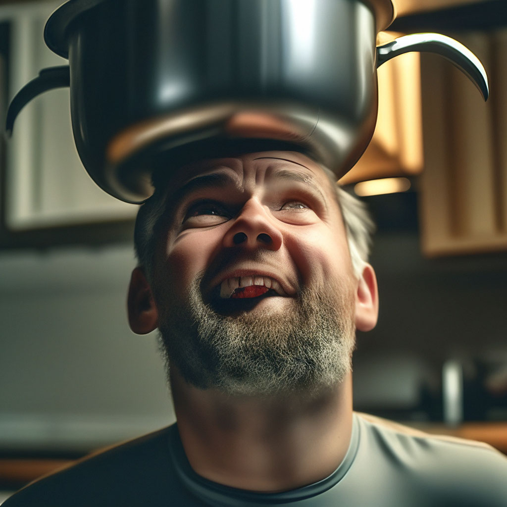 Кастрюля на голове фото "Kitchen pot on a person's head, ." - image created in Shedevrum